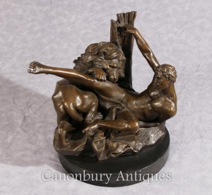 French Bronze Lion Attacks Man Signed Bonheur Sculpture