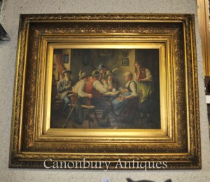 German Oil Painting Alpine Parlour Gilt Frame Signed