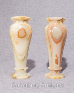 Pair Antique Italian Onyx Marble Urns Vases 1930