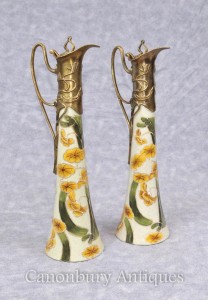 Pair Art Nouveau Porcelain Jugs Decanters Floral Motifs