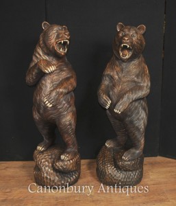 Pair Lifesize Carved Black Forest Bear Statues German