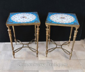 Pair Sevres Porcelain Side Tables Ormolu French Floral Spray