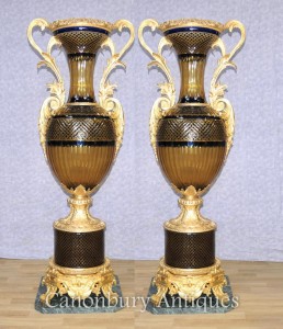 Pair XL French Empire Crystal Cut Glass Urns Vases Ormolu