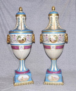 Pair XL German Dresden Porcelain Vases Urns Rams Head