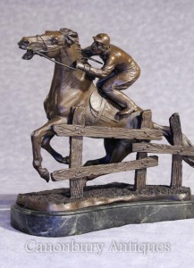 French Bronze Steeplechase Horse and Jockey Statue