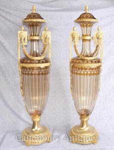 French Empire Gut Glass Urns Vases Amphora Form Ormolu Mounts