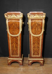 Pair French Empire Kingwood Pedestal Table Stands Marquetry Inlay