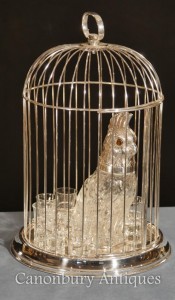 Victorian Silver Plate Caged Parrot Decanter Shot Glass Set