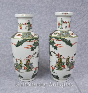 Pair Chinese Qing Famille Vert Porcelain Urns Painted Vases