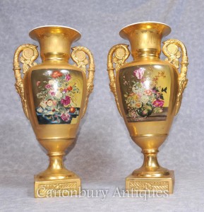 Pair Gold Dresden Porcelain Amphora Urns Vases Floral Sprays