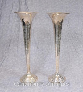 Pair Victorian Silver Plate Rose Vases Flutes