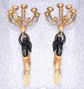 Pair French Empire Cherub Sconces Wall Light Candelabras