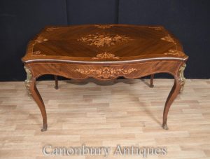Antique French Empire Bureau Plat Desk Library Table Marquetry Inlay