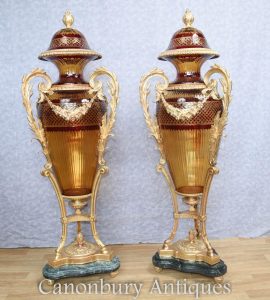 Pair Big French Cut Glass Amphora Urns Vases Louis XVI