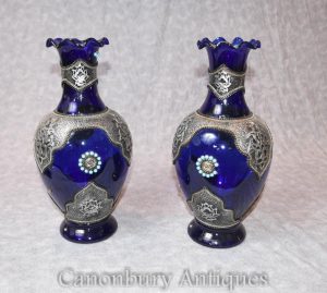 Pair Cobalt Loetz Glass Austrian Vases Urns with Silver Plate Mounts