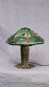 Art Nouveau Bronze Tiffany Lamp Table Light Dragonfly Shade