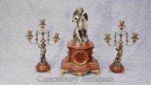 French Empire Antique Clock Set Garniture Cherub Gilt Candelabras