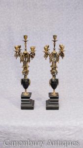 Pair Antique Empire Ormolu Candelabras Marble Malachite Gilt Candles