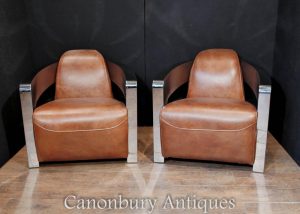 Pair Art Deco Chrome Leather Club Chairs Arm Chair
