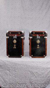 Pair Black Leather Steamer Trunk Luggage Cases Crocodile Skin Side Tables
