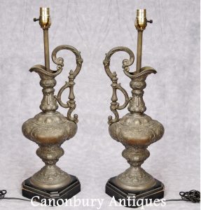 Pair Britannia Metal Classical Urn Lamp Bases Table Lights Bronze Jug Ewer