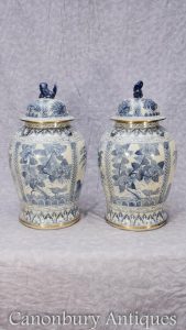 Pair Chinese Blue and White Porcelain Ming Ginger Urns Vases