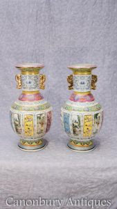 Pair Chinese Export Famille Jaune Porcelain Vases Urns