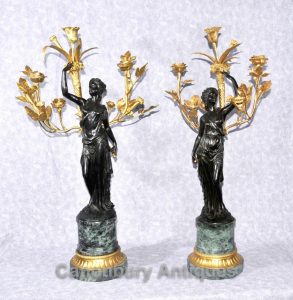 Pair French Bronze Ormolu Candelabras Clodion Female