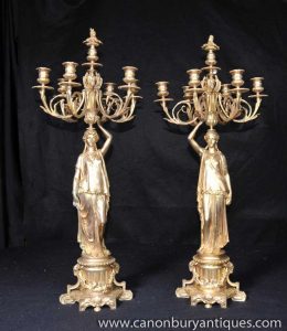 Pair French Empire Ormolu Figurine Candelabras Candles