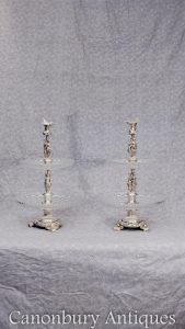 Pair French Silver Plate 2 Tier Cake Stands Crystal Glass Dish Stand