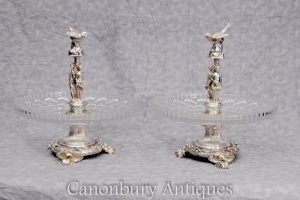 Pair French Silver Plate Maiden Cake Stands Cut Glass Dishes