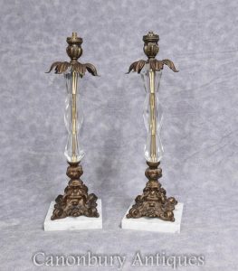Pair French Art Nouveau Ormolu and Crystal Glass Table Lamps Lights
