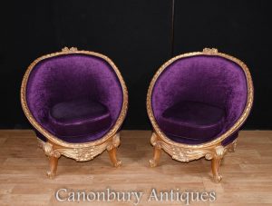 Pair French Empire Gilt Tub Seats Arm Chairs