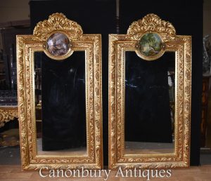 Pair Louis XV Gilt Pier Mirrors Painted Plaques