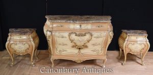 French Louis XVI Painted Bombe Commode Bedside Chests Set Nighstands