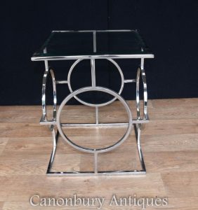 Pair Art Deco Chrome Side Tables Mirror Glass