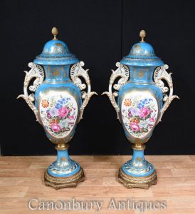 Pair Tall Sevres Porcelain Floral Vases Urns