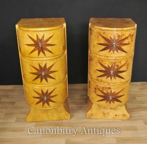 Pair Art Deco Bedside Chests Cabinets Nightstands Star Inlay
