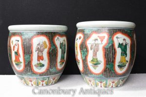 Pair Chinese Famille Verte Porcelain Planters Bowls China Pottery