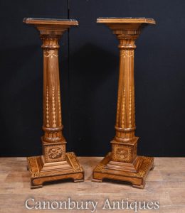 Pair Regency Pedestal Stand Columns Marquetry Inlay