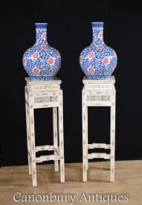 Pair Chinese Bone Carved Pedestal Stand Side Tables