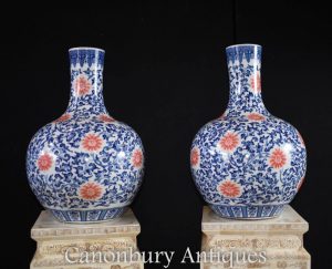Pair Chinese Ming Porcelain Floral Bulbous Vases Urns