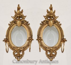 Pair French Louis XVI Gilt Girandoles Mirrors Candelabras