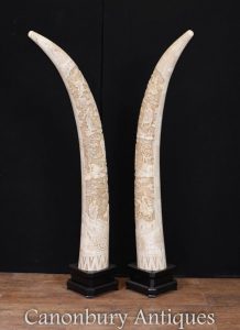 Pair Giant Carved Chinese Bone Display Tusks Architectural Interiors