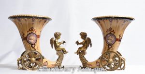 Pair Gilt Cherub Porcelain Horn Vases Cornucopia