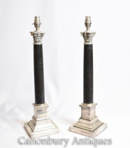 Pair Regency Corinthian Column Table Lamps Lights Silver Plate