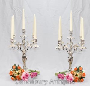 Pair Victorian Silver Plate Rococo CandelabrasPair Victorian Silver Plate Rococo Candelabras