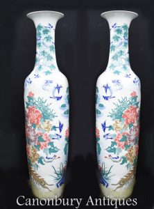 Pair XL Chinese Porcelain Imperial Qing Temple Vases Urns