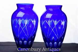 Pair Bristol Cut Glass Blue Vases Urns