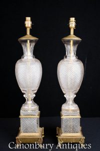 Pair French Empire Cut Glass Table Lamps Urn Lights